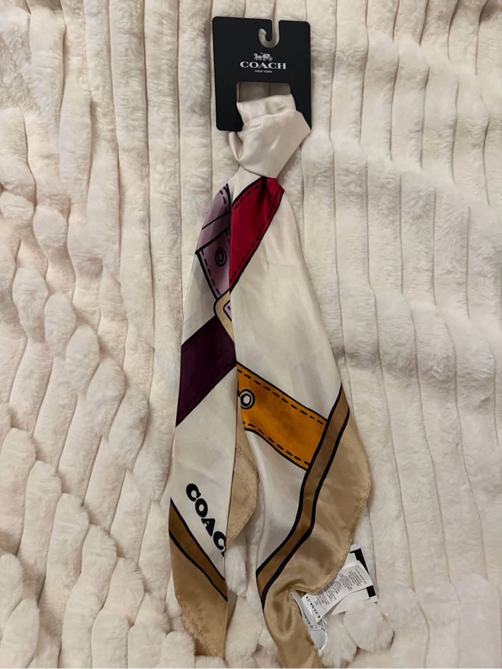 Coach Silk Twilly in Cream, Burgundy, Purple & Mustard